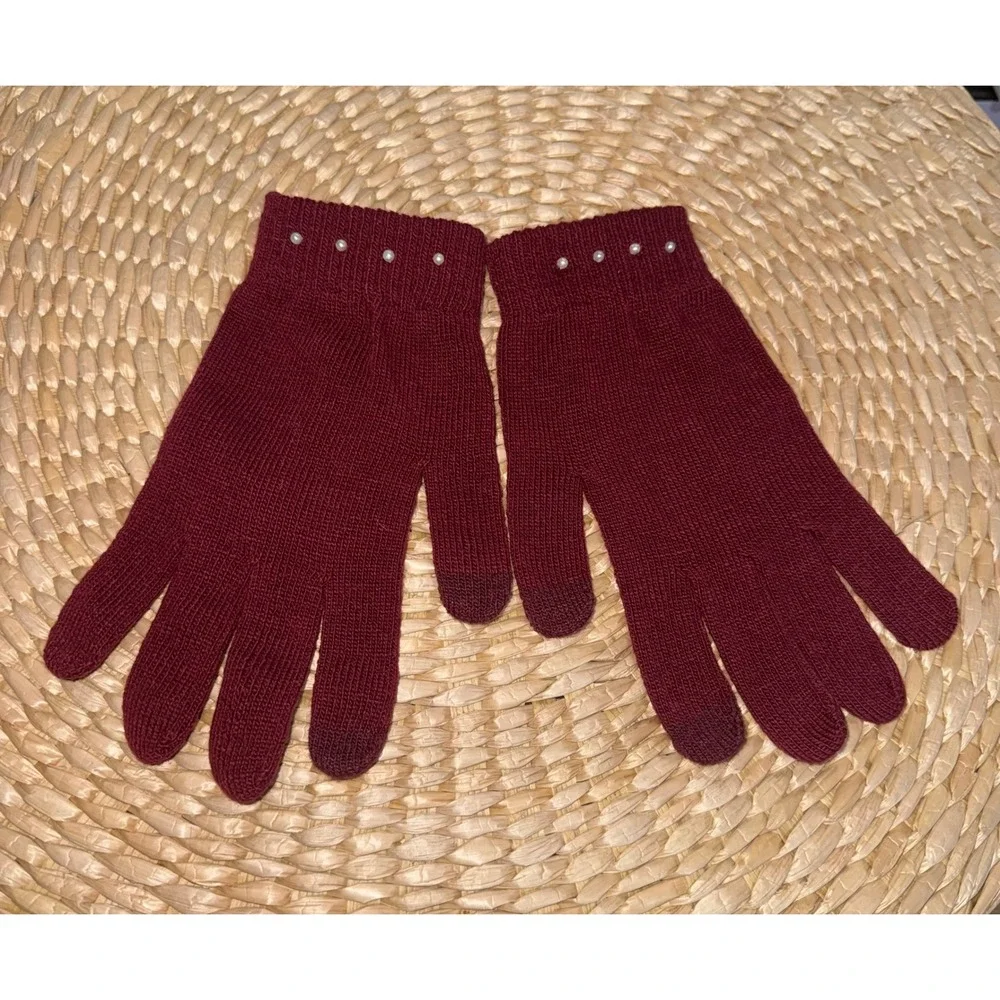 Burgundy Pearl Embellished  Gloves Knit Winter one‎ size